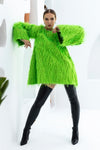 Kiraly Green Round Neck Long Sleeve Tunic Feather Dress with Rhinestone Neckline