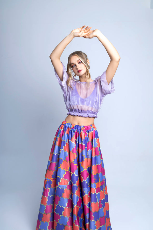 Swann Two Piece Organza Crop Top and Printed Full Skirt Set