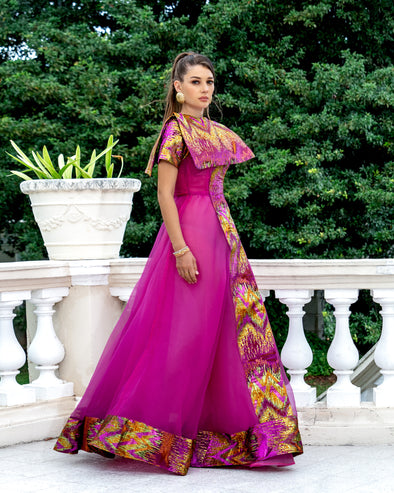 Geneva Organza Brocade Maxi with Removable Cape